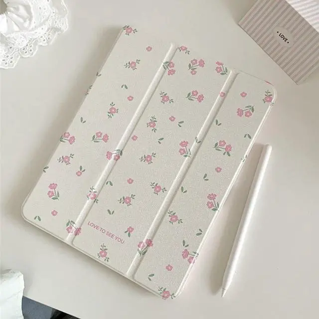 Alt view image 2 of 5 - Pink Flower Case for iPad Air with Pencil Holder, Acrylic Case for iPad Pro, for iPad 2018 2020 2022 Cover, for iPad 9.7"/ 10.2"/ 10.9"/ 11 12.9 inch (iPad 12.9'')