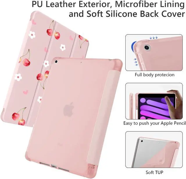 Alt view image 4 of 5 - Cute Cherry Floral Heart for iPad Pro 11 Inch Case 4th/3rd/2nd Generation 2022/2021/2020 with Pencil Holder, Auto Sleep/Wake, Pink Leather Soft TPU Back Cover