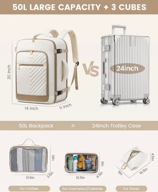 Alt view image 3 of 5 - LOVEVOOK Travel Backpack For Women,50L Carry On Backpack Flight Approved,TSA Personal Item Travel Bag Fits 18 Inch Laptop,Business Weekender Overnight Daypack with 3 Packing Cubes