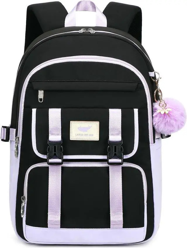 Main image of LXYGD Backpack for Girls with Cute Accessories,Bookbag for Women College Middle High School Teen Students Travel Daypack Gifts (Black Purple)