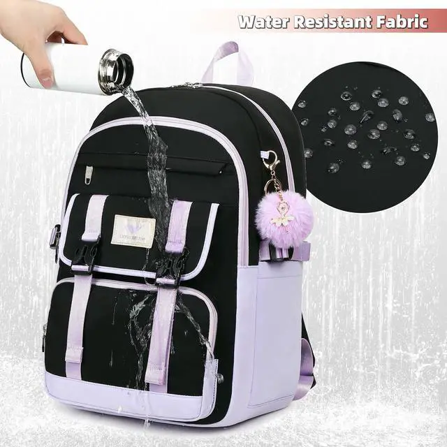 Alt view image 3 of 5 - LXYGD Backpack for Girls with Cute Accessories,Bookbag for Women College Middle High School Teen Students Travel Daypack Gifts (Black Purple)