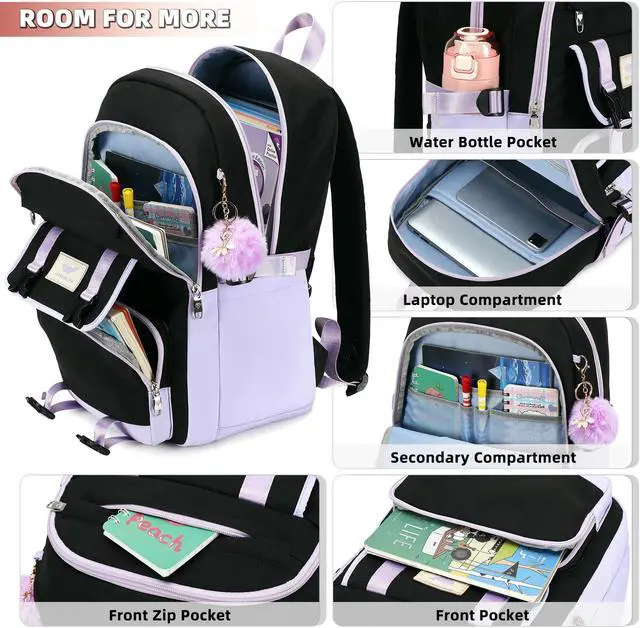 Alt view image 2 of 5 - LXYGD Backpack for Girls with Cute Accessories,Bookbag for Women College Middle High School Teen Students Travel Daypack Gifts (Black Purple)