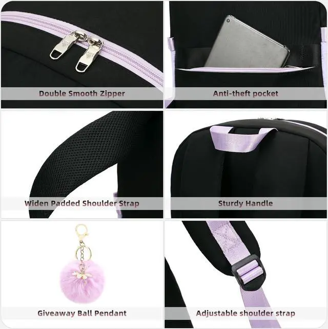 Alt view image 5 of 5 - LXYGD Backpack for Girls with Cute Accessories,Bookbag for Women College Middle High School Teen Students Travel Daypack Gifts (Black Purple)
