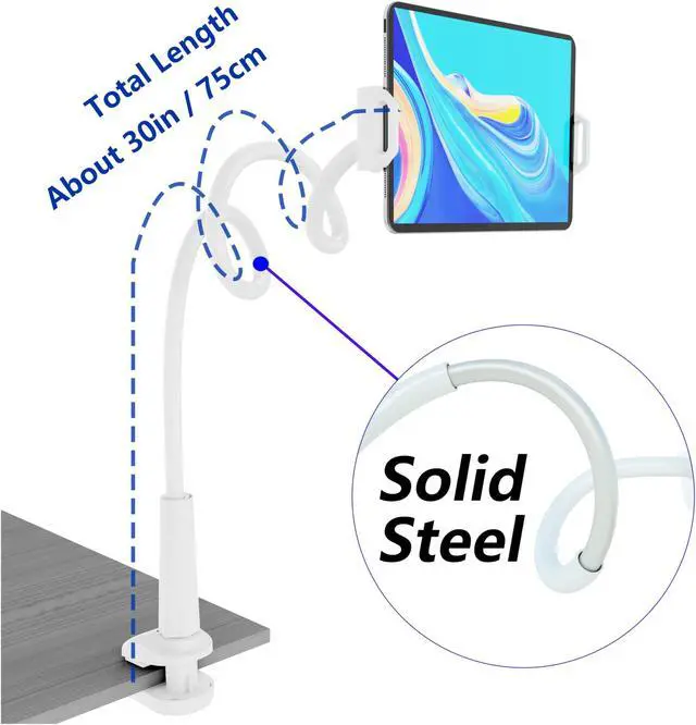 Alt view image 2 of 5 - Tablet Stand Holder, Mount Holder Clip with Grip Flexible Long Arm Gooseneck Compatible with ipad iPhone/Nintendo Switch/Samsung Galaxy Tabs/Amazon Kindle Fire HD (New White)