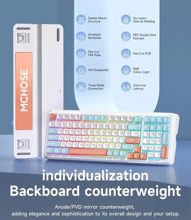 Alt view image 5 of 5 - MCHOSE K99 98% Wireless Mechanical Keyboard, Tri-Mode Connection, Compact Gaming Keyboard with Six-Layer Padding Gasket, RGB Backlit,Hot Swappable Custom Keyboard for Mac/PC