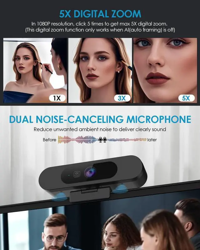 Alt view image 3 of 5 - MOERTEK 4K Webcam for PC, Ultra 4K HD, AI Auto Framing, Webcam for Streaming, Auto Focus, Dual Noise Reducing Mics, 5X Digital Zoom, 92°FOV, Plug and Play, Ideal for High-End Meeting, Streaming