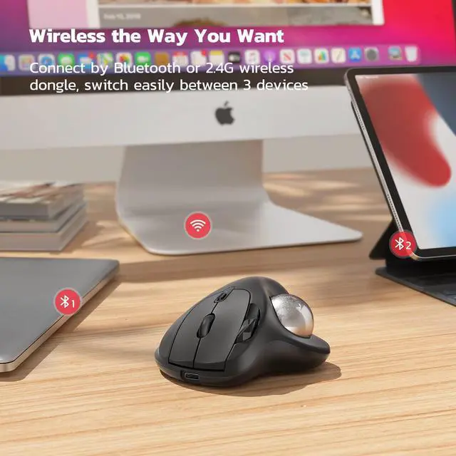 Alt view image 4 of 5 - Nulea M501 Wireless Trackball Mouse, Rechargeable Ergonomic, Easy Thumb Control, Precise & Smooth Tracking, 3 Device Connection (Bluetooth or USB Receiver), Compatible for PC, Laptop, Mac, Windows.