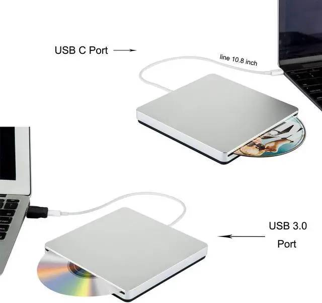 Alt view image 5 of 5 - Oulin External CD DVD Drive USB C CD DVD Burner/Writer Slim Portable Slot in CD DVD Reader for MacBook Pro/Air/Mac/Laptop/Windows10 (Sliver)