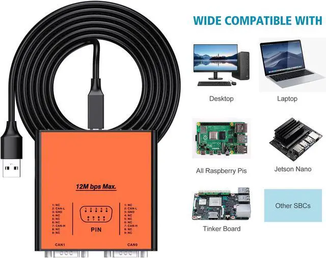 Alt view image 3 of 5 - USB2CANFD-X2 USB to Dual Channel CANFD Converter for Raspberry Pi4/Pi3B+/Pi3/Pi Zero(W)/Jetson Nano/Tinker Board/PC