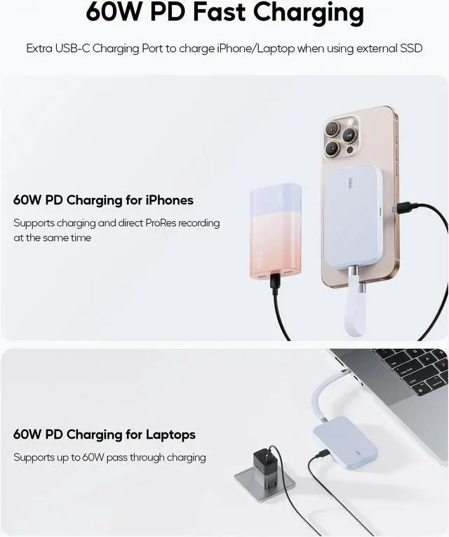 Alt view image 4 of 5 - PULWTOP Magnetic M.2 2230 SSD Enclosure for iPhone 15 16 Pro/Max ProRes, M.2 2242 2260 2280 NVMe SSD to USB C Enclosure 10Gbps, 60W PD, USB-C/ 3.5mm Audio for MacBook iPad (SSD Not Included) - Blue