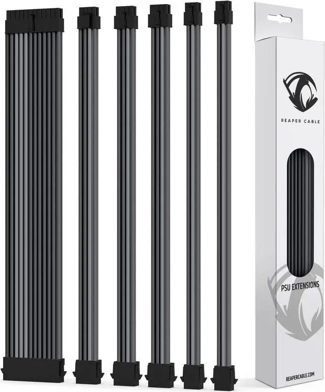 Main image of Reaper Cable Sleeved PSU Extension Set - Power Supply Extensions - 1x 24 Pin/ 2X 8 Pin/ 2X 6 Pin/ 1x 4+4 Pin - with Combs - 30cm (Carbon & Billet Grey)