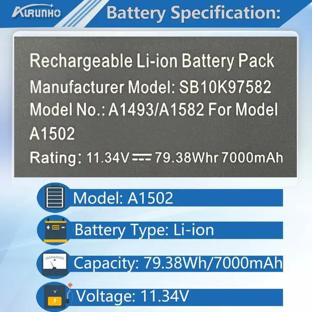 Alt view image 2 of 5 - AURUNHO A1502 A1582 A1493 77.52Wh Laptop Battery Replacement for MacBook Pro 13 inch Retina A1502 (Late 2013 Early 2015 Mid 2014) ME864 ME865 ME866 MGX72 MGX82 MGX92 MF839 MF840 EMC2835 2875 11.34V