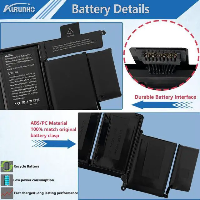 Alt view image 3 of 5 - AURUNHO A1502 A1582 A1493 77.52Wh Laptop Battery Replacement for MacBook Pro 13 inch Retina A1502 (Late 2013 Early 2015 Mid 2014) ME864 ME865 ME866 MGX72 MGX82 MGX92 MF839 MF840 EMC2835 2875 11.34V