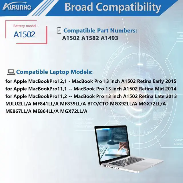 Alt view image 5 of 5 - AURUNHO A1502 A1582 A1493 77.52Wh Laptop Battery Replacement for MacBook Pro 13 inch Retina A1502 (Late 2013 Early 2015 Mid 2014) ME864 ME865 ME866 MGX72 MGX82 MGX92 MF839 MF840 EMC2835 2875 11.34V