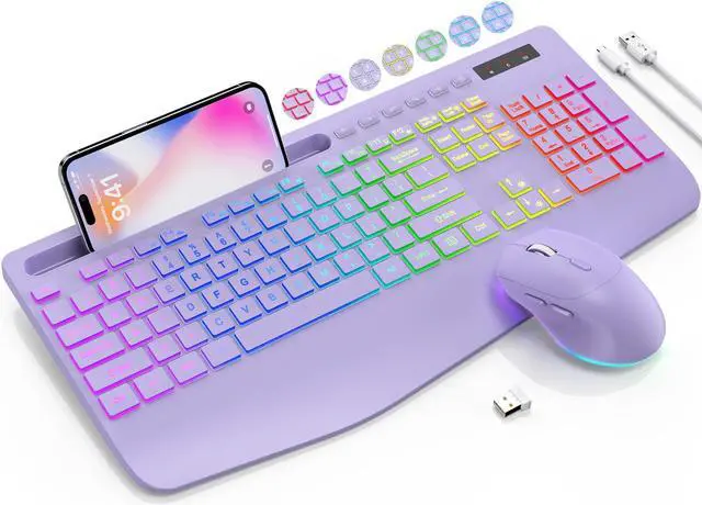 Main image of SABLUTE Wireless Keyboard and Mouse Combo, 9 Backlit Effects, Wrist Rest, Phone Holder, 2.4G Lag-Free Ergonomic Keyboards, Rechargeable Silent Cordless Set for Computer, Laptop, Mac, WindowsPurple