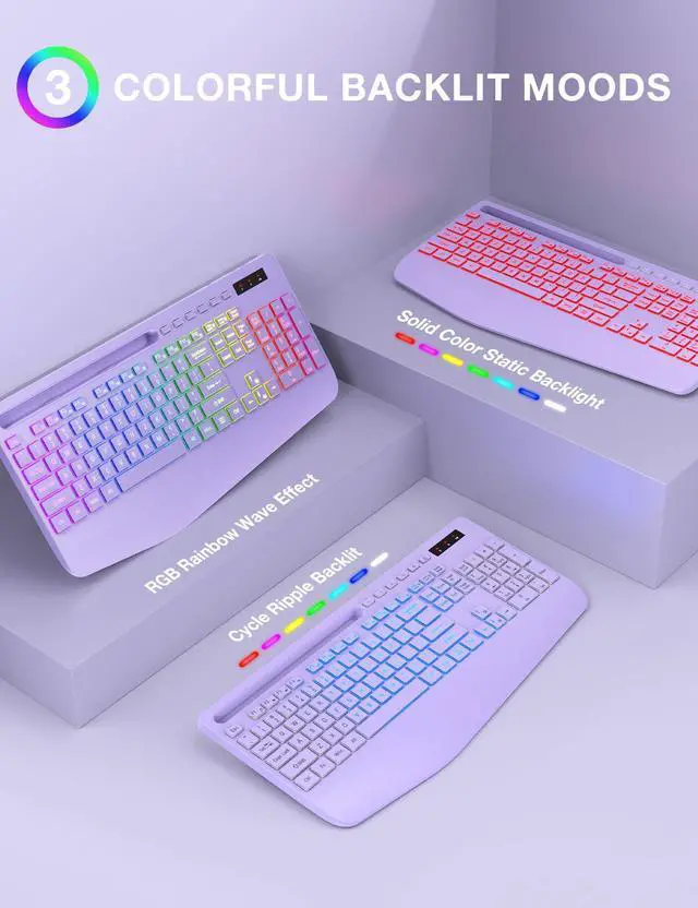 Alt view image 2 of 5 - SABLUTE Wireless Keyboard and Mouse Combo, 9 Backlit Effects, Wrist Rest, Phone Holder, 2.4G Lag-Free Ergonomic Keyboards, Rechargeable Silent Cordless Set for Computer, Laptop, Mac, WindowsPurple