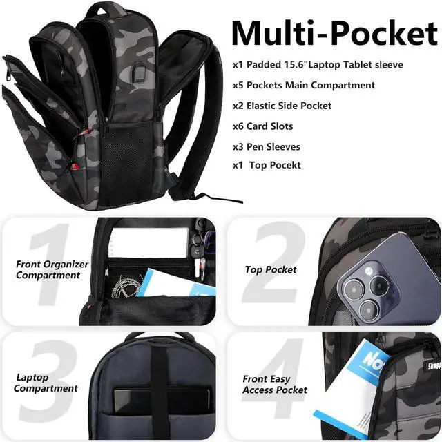 Alt view image 3 of 5 - Skaypibs Backpack for Men Women, School Backpack with USB Charging Port, Anti Theft Carry On Flight Approved Business Work Travel 15.6 Inch Computer Laptop Backpack, BookBag for teen, Camo