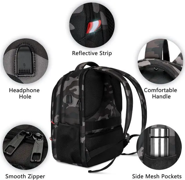 Alt view image 4 of 5 - Skaypibs Backpack for Men Women, School Backpack with USB Charging Port, Anti Theft Carry On Flight Approved Business Work Travel 15.6 Inch Computer Laptop Backpack, BookBag for teen, Camo
