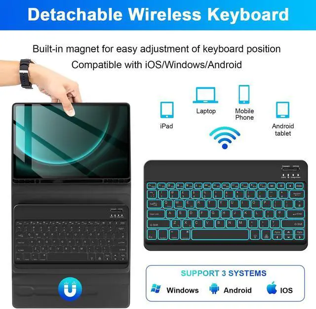 Alt view image 4 of 5 - SOPPY Backlit Keyboard Case for Samsung Galaxy Tab S10+ Plus/S9+ Plus/S9 FE+ /S8+ /S7+ /S7 FE 12.4", 7 Colors Backlit, Wireless Keyboard with Case & Pen Holder for Samsung Tab 12.4 inch, Black