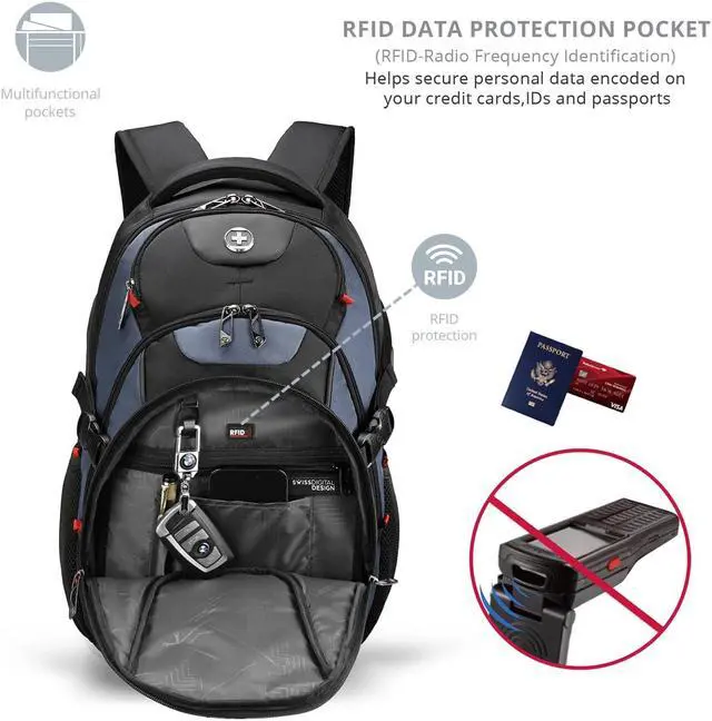 Alt view image 4 of 5 - Swissdigital Design Large Business Laptop Backpack with Smart USB Charging Port Travel Backpack Fits 15.6 inches Laptops, College Backpack for Men Women,Haze Blue/Black | SD803