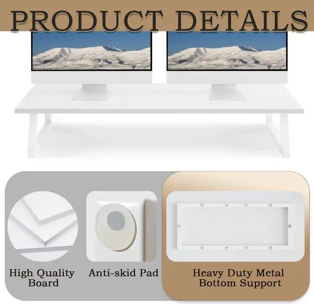 Alt view image 5 of 5 - TEAMIX White Dual Monitor Riser - 31.5 inch Wide TV Stand for 2 Monitors - Wood & Steel Desktop Riser for Dual Screen Office Desk Organization