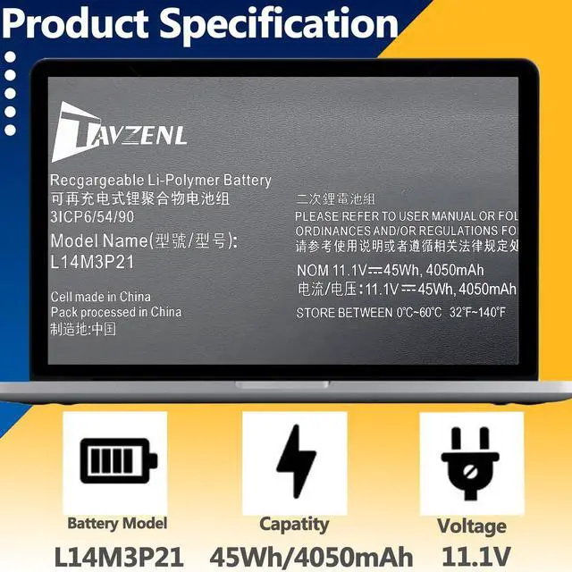Alt view image 2 of 5 - TAVZENL L14M3P21 45Wh Battery Replacement for Lenovo Flex 4-1570 1580 Flex 3-1470 1480 Edge 2-1580 IdeaPad 500 510 510S 310S 300S Series 11.1V 4050