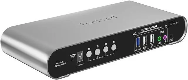 Main image of Terived 4 Computer 4 DP Monitors MST KVM Switch 4K@60Hz, DP MST USB 3.0 Quad Monitor, Hotkey and Wire Remote, Aluminum Shell, Digital Display, Audio/Mic, HDR10 with Cables (Windows)