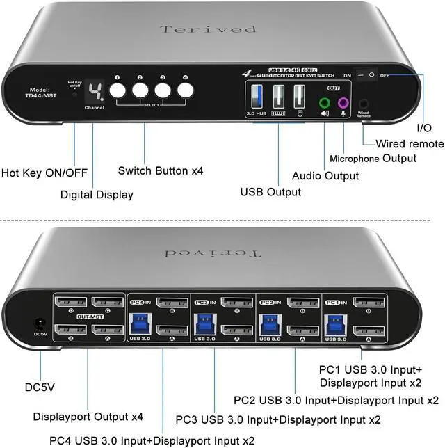 Alt view image 5 of 5 - Terived 4 Computer 4 DP Monitors MST KVM Switch 4K@60Hz, DP MST USB 3.0 Quad Monitor, Hotkey and Wire Remote, Aluminum Shell, Digital Display, Audio/Mic, HDR10 with Cables (Windows)