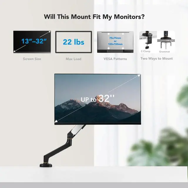 Alt view image 5 of 5 - Single Monitor Arm Mount for 13-32 inch Articulating Gas Spring Arm 4 to 13.5lbs Adjustable Vesa 100 * 100mm Desk Stand with Clamp and Grommet,Black,Aluminum