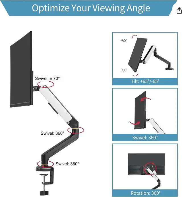 Alt view image 2 of 5 - Single Monitor Arm Mount for 13-32 inch Articulating Gas Spring Arm 4 to 13.5lbs Adjustable Vesa 100 * 100mm Desk Stand with Clamp and Grommet,Black,Aluminum