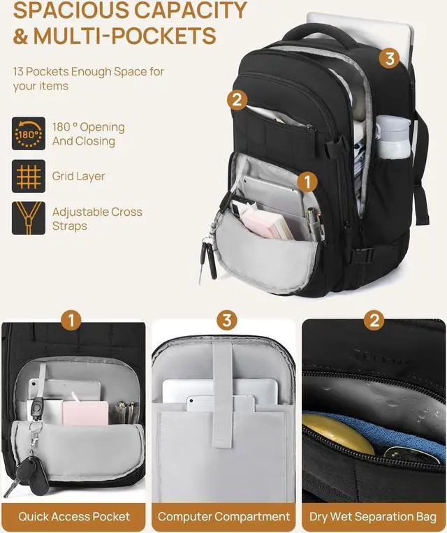 Alt view image 4 of 5 - Telena Travel Backpack Carry on Flight Approved, 17.3 inch Laptop Quilted College Bookbag Personal Item Travel Bags for Women Black