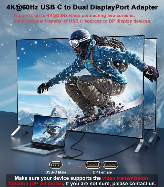 Alt view image 3 of 5 - THANDBLE USB C to Dual DisplayPort Adapter Extended Display Splitter (4K@60Hz) USB Type C to Display Port Dual Monitor Converter, USB C to DP 1.2 Hub for Dell XPS 13 15,Lenovo Yoga, Chromebook,HP etc