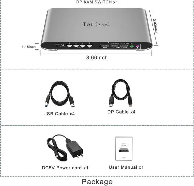 Alt view image 5 of 5 - Terived 4 Computers and 1 Monitor DP USB 3.0 KVM Switch 4K@144Hz with Hotkey Switching and Audio Port, Digital Display Aluminum Body Cables inclued