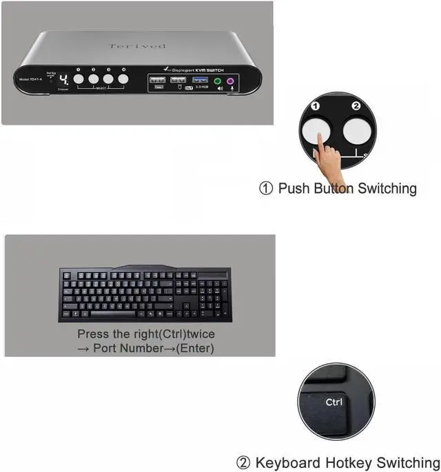 Alt view image 4 of 5 - Terived 4 Computers and 1 Monitor DP USB 3.0 KVM Switch 4K@144Hz with Hotkey Switching and Audio Port, Digital Display Aluminum Body Cables inclued