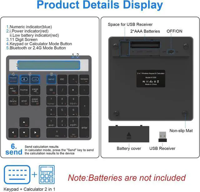 Alt view image 2 of 5 - Bluetooth Number Pad - 2.4G Wireless Numeric Keypad with Display Calculator - Wireless Number Pad Slim 34-Key Portable Financial Accounting Numpad Data Entry & Calculation 2in1 for Laptop Desktop PC