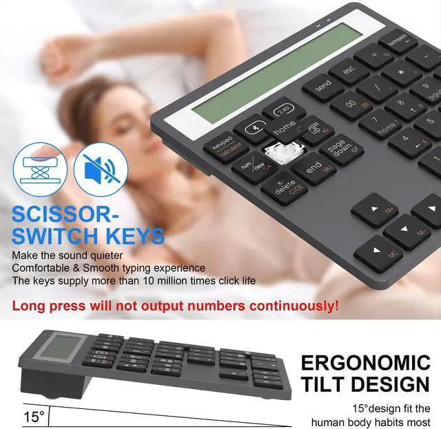 Alt view image 5 of 5 - Bluetooth Number Pad - 2.4G Wireless Numeric Keypad with Display Calculator - Wireless Number Pad Slim 34-Key Portable Financial Accounting Numpad Data Entry & Calculation 2in1 for Laptop Desktop PC