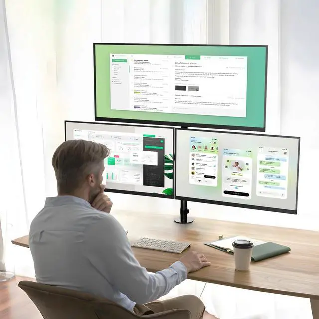 Alt view image 2 of 5 - UPGRAVITY Triple Monitor Desk Mount for 17 to 32 inch Screens,Each Arm Holds up 17.6 lbs,3 Monitor Stand with Tilt,Swivel,Rotate,VESA Mount 75/100x100mm