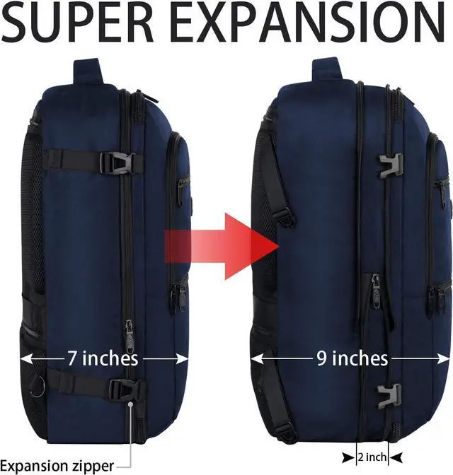 Alt view image 4 of 5 - Vancropak Carry On Backpack, 50L Expandable Extra Large Travel Backpack, Flight Approved Water Resistant Luggage Suitcase Daypack, Lightweight Personal Business Weekender Bag for Men & Women, Blue