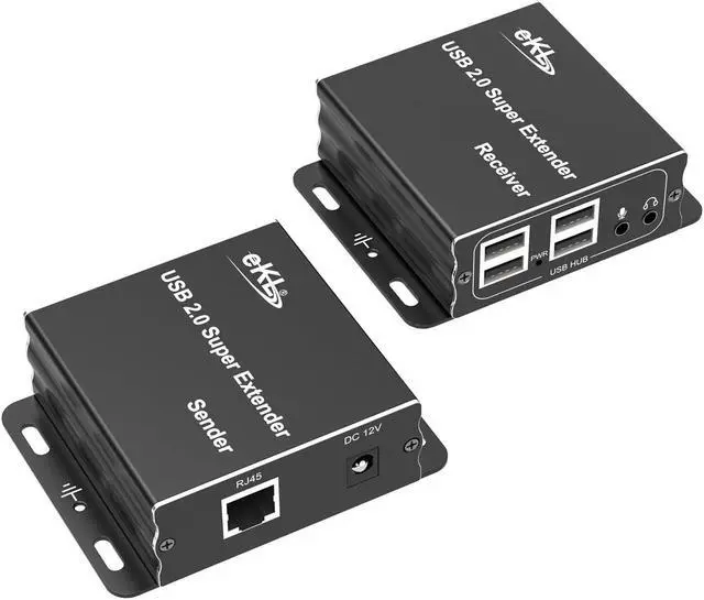 Main image of eKL USB Extender Over Cat5e Cat6 Cable 196ft/60M 4 USB 2.0 Ports and 3.5mm Microphone/Audio Port Plug and Play No Driver Supports All Operating System Keyboard and Mouse USB Over Ethernet