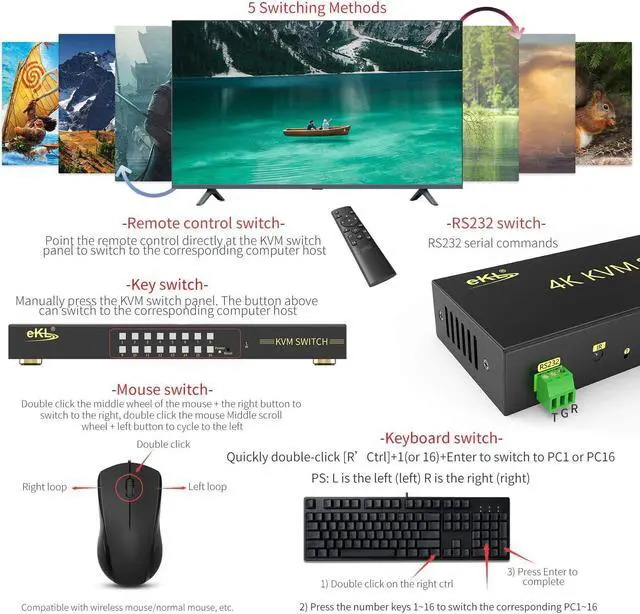 Alt view image 5 of 5 - eKL 16 Port HDMI KVM Switch Supports Hotkeys Switching up to 4K@60Hz 4:4:4 16 PCs Laptops Sharing with One Set of Keyboard and Mouse