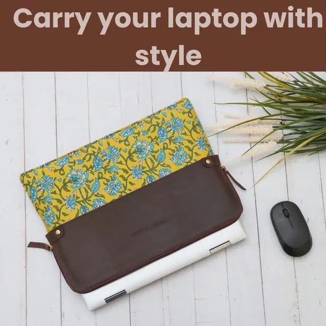 Alt view image 5 of 5 - Zaariya Handcrafted Laptop Bag/Sleeve/Case for Women | Made from Leather with Handblock Fabric - Ideal for 13 Inch Devices