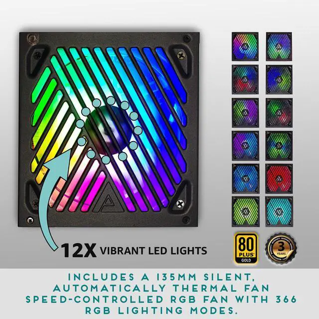 Alt view image 4 of 5 - Apevia ATX-PM850W PCIe 5.0 ATX 3.0 Ready Premier 850W 80+ Gold Certified, Active PFC ATX Semi-Modular Gaming Power Supply, 366 RGB Light Modes