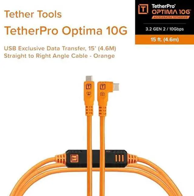 Alt view image 2 of 5 - Tether Tools TetherPro Optima 10G USB Exclusive Data Transfer, 15 (4.6M) Straight to Right Angle Cable - Orange