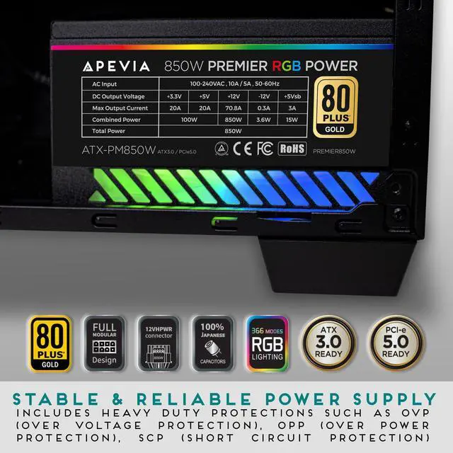 Alt view image 5 of 5 - Apevia ATX-PM850W PCIe 5.0 ATX 3.0 Ready Premier 850W 80+ Gold Certified, Active PFC ATX Semi-Modular Gaming Power Supply, 366 RGB Light Modes