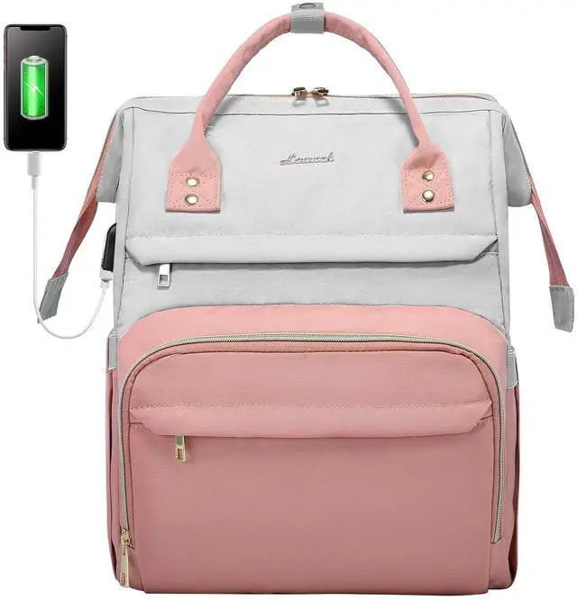 Main image of LOVEVOOK Laptop Backpack Purse for Women, Fashion Work Travel Bags, Business Computer Backpacks, Doctor Nurse Backpack with USB Port, fits 15.6-Inch Laptop, Light Grey-Pink