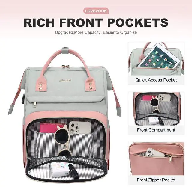 Alt view image 3 of 5 - LOVEVOOK Laptop Backpack Purse for Women, Fashion Work Travel Bags, Business Computer Backpacks, Doctor Nurse Backpack with USB Port, fits 15.6-Inch Laptop, Light Grey-Pink
