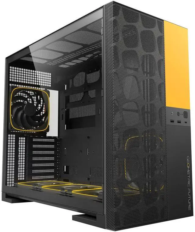 Alt view image 2 of 5 - Geometric Future M5 Vent, Mesh Panel Tempered Glass Mid Tower, E-ATX/ATX Gaming Case, High Airflow, Type C, Support 420/360 Rad, ARGB PWM 140mm Fan x 5 Pre-Installed, Black/Yellow, GEO-M5VF-BY