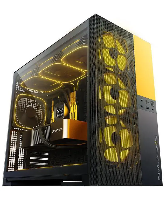 Main image of Geometric Future M5 Vent, Mesh Panel Tempered Glass Mid Tower, E-ATX/ATX Gaming Case, High Airflow, Type C, Support 420/360 Rad, ARGB PWM 140mm Fan x 5 Pre-Installed, Black/Yellow, GEO-M5VF-BY