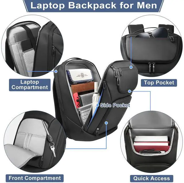 Alt view image 2 of 5 - hk Business Smart Backpack for Men Anti-Theft for 17.3 Inch Laptop with USB Charging Port Water-Resistant Large Durable Compact 30L for Travel College Work-Deep Black