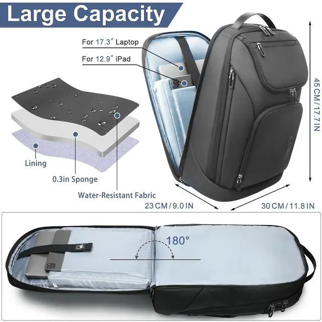 Alt view image 4 of 5 - hk Business Smart Backpack for Men Anti-Theft for 17.3 Inch Laptop with USB Charging Port Water-Resistant Large Durable Compact 30L for Travel College Work-Deep Black